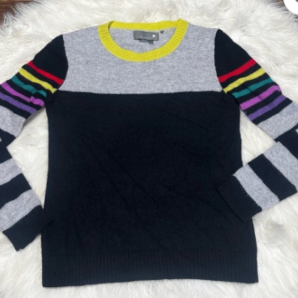 Anthropologie Cashmere Black and Gray Sweater with Rainbow Stripes